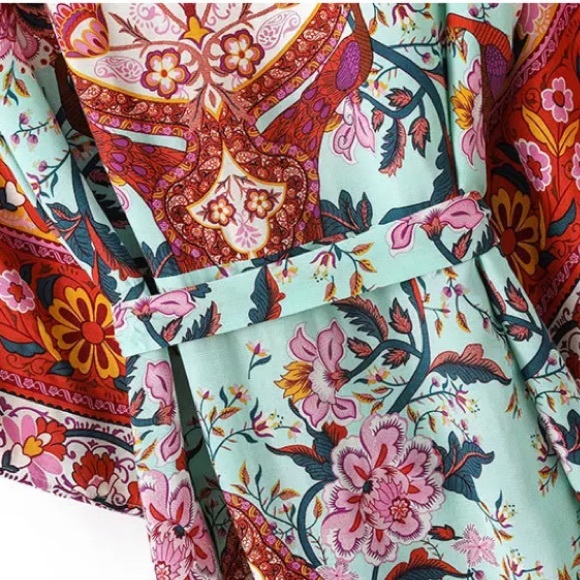 Colorful Red Mint Peacock Floral Bohemian Boho Duster Wrap Kimono Coverup Robe - Picture 9 of 11